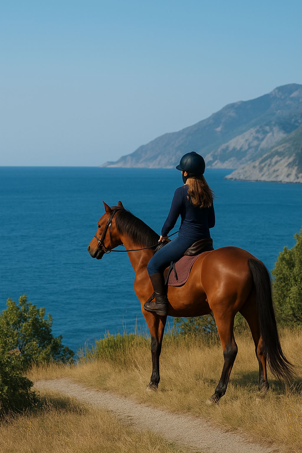 Конные прогулки у моря — всадник на лошади с видом на горное побережье