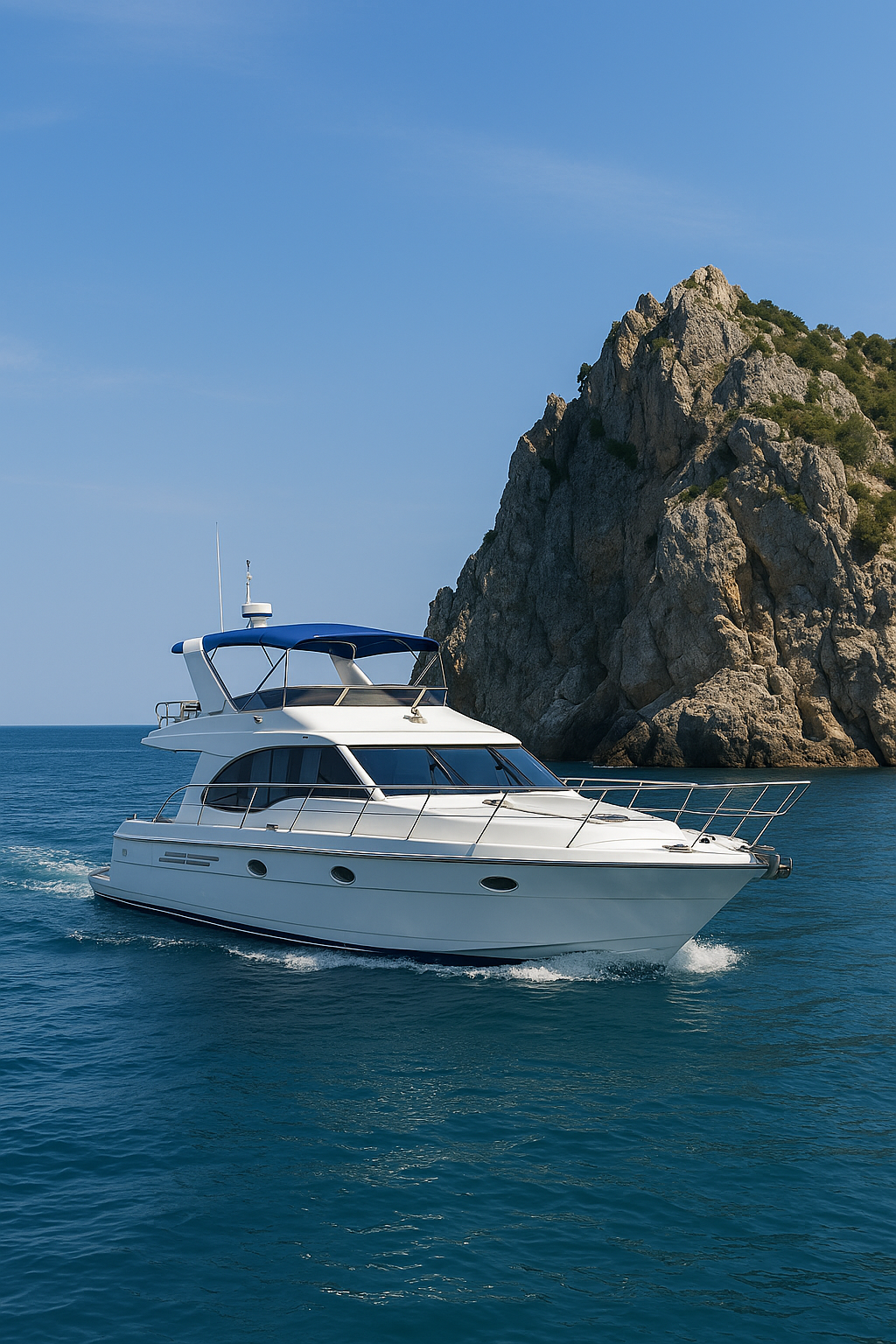 Морские прогулки — яхта у скалистого побережья в чистом голубом море