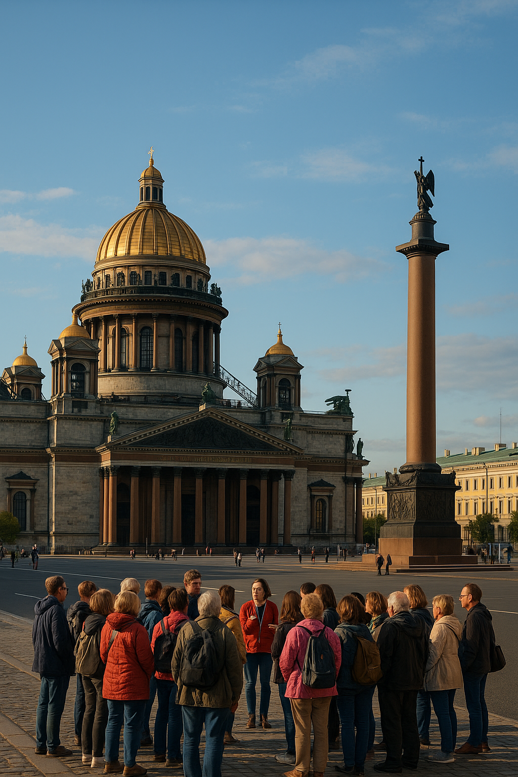 Экскурсии — группа туристов с гидом на фоне городской достопримечательности