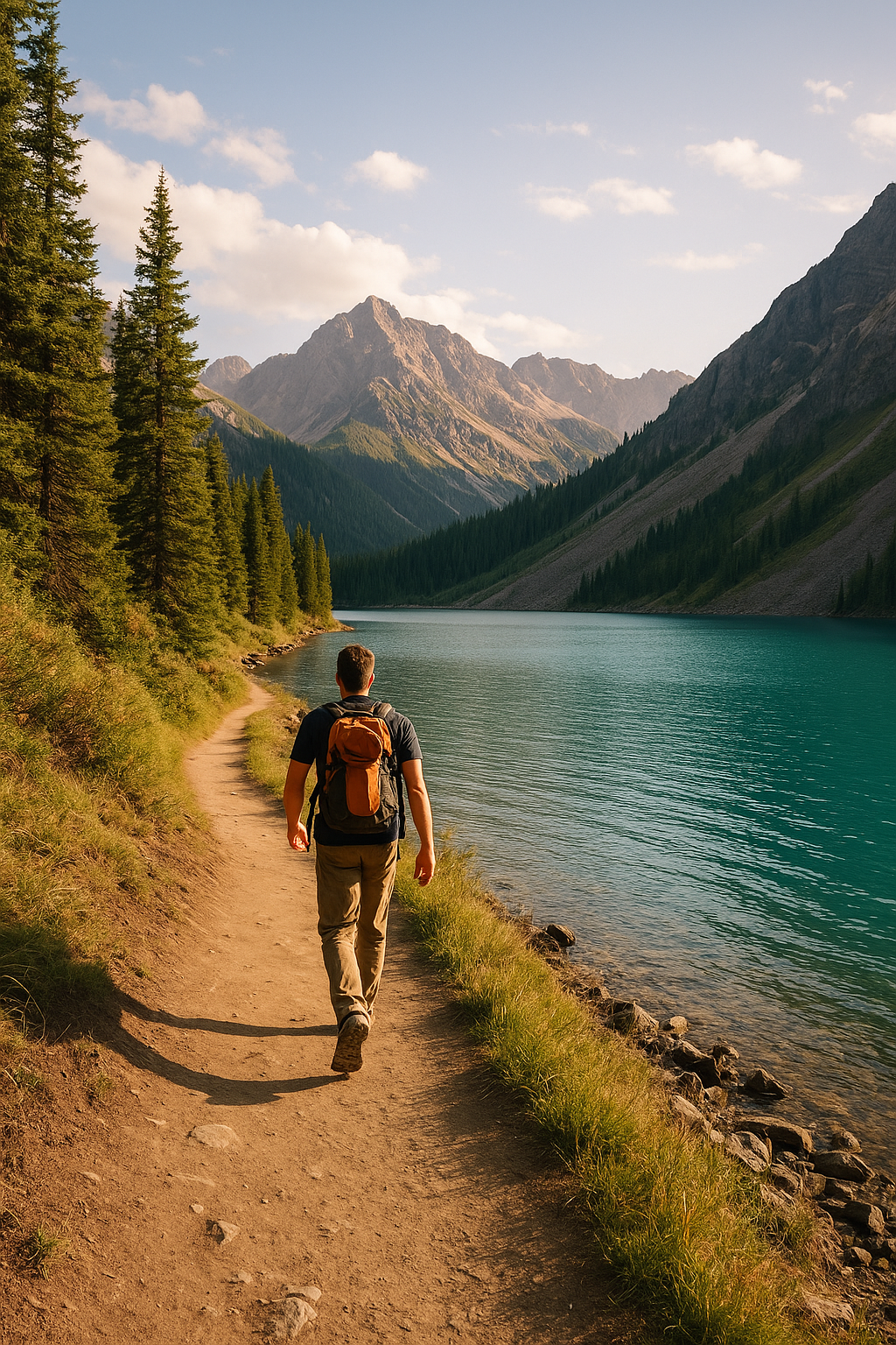 Пешие маршруты — турист идет по тропе вдоль горного озера