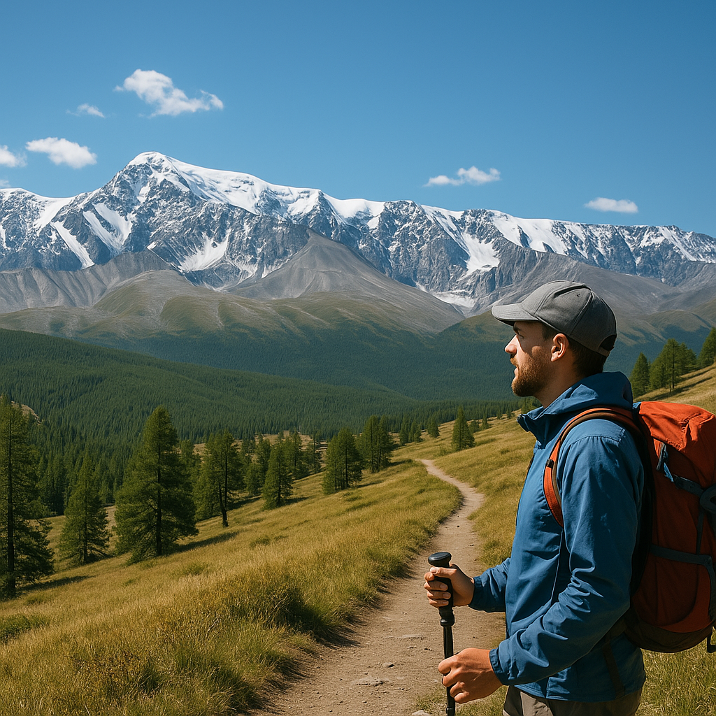 Горы и треккинг — турист на фоне высоких заснеженных гор