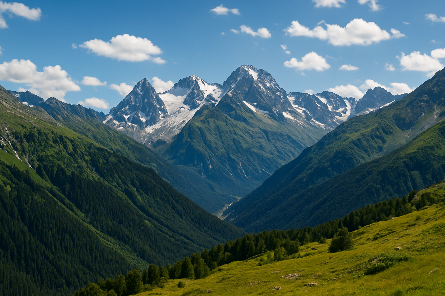 Домбай — горные вершины Кавказа и живописная зелёная долина